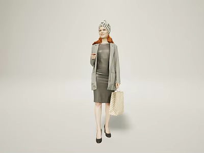 Stylish Woman With Red Hair Wearing Patterned Hat Gray Coat Dress And Handbag 3d model