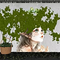 Scenic Photo Spot With Vine Covered Wall Girl Mural Wicker Basket And Grassy Ground