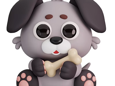 Cute Gray Cartoon Dog Holding Bone With Big Ears And Pink Paw Pads 3d model