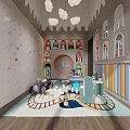 Kids Play Area With Climbing Wall Toy Cars Circular Structure Colorful Cabinets And Cloud Lights