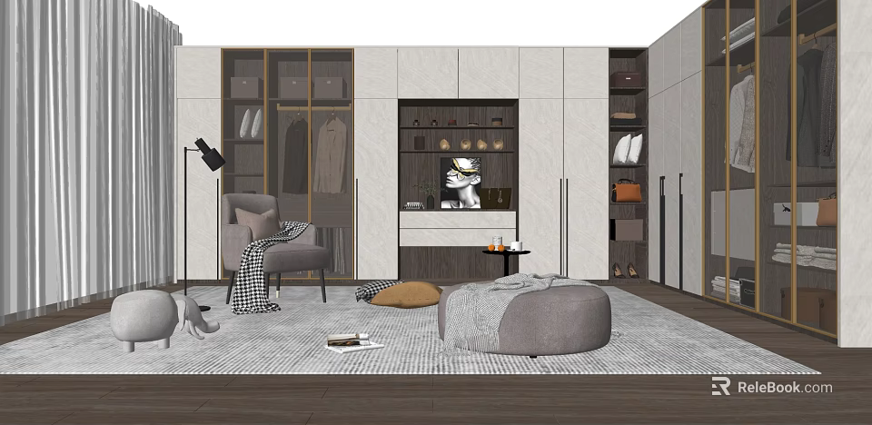 Modern Walk in Closet Interior Design With Multiple Cabinets Open Shelves And Decorative Accents 3d model 