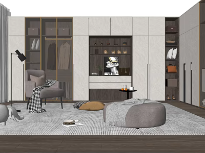 Modern Walk in Closet Interior Design With Multiple Cabinets Open Shelves And Decorative Accents 3d model
