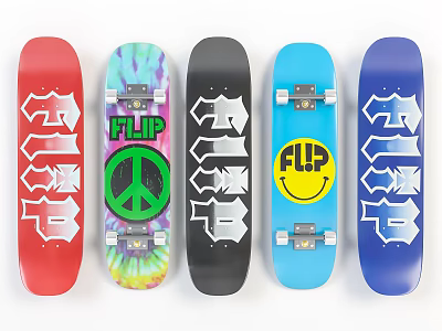Colorful Skateboards Collection With CULT FLIP Logos Peace Sign And Smiley Design 3d model