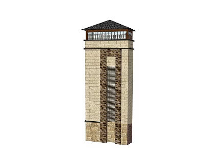 Tall Brick Tower with Top Platform Railing and Stone Wall Design 3d model