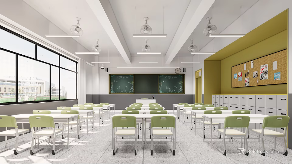 School Classroom Interior With Green Desks Blackboards Lockers And Hanging Lights 3d model 