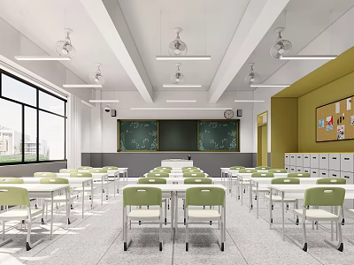 School Classroom Interior With Green Desks Blackboards Lockers And Hanging Lights 3d model