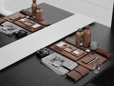 Modern Brown Decorative Ornament Set With Wooden Bottles Trays Camera Newspaper And Notebook On Desk 3d model
