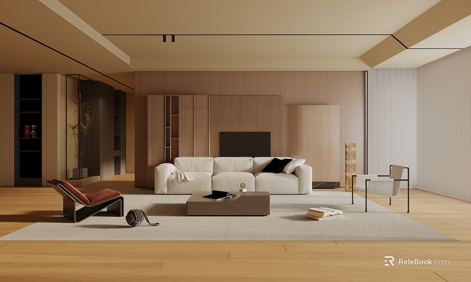 Modern Living Room Interior With Wooden Wall White Sofa Black Cushions And Coffee Table Rug 3d model 