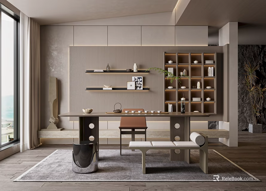 Modern Tea Room Interior With Natural Light Wooden Table Chairs And Decorative Shelves 3d model 