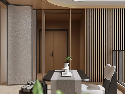 Modern Tea Room Interior With Wooden Slat Panels Minimalist Table And Potted Plant 3d model