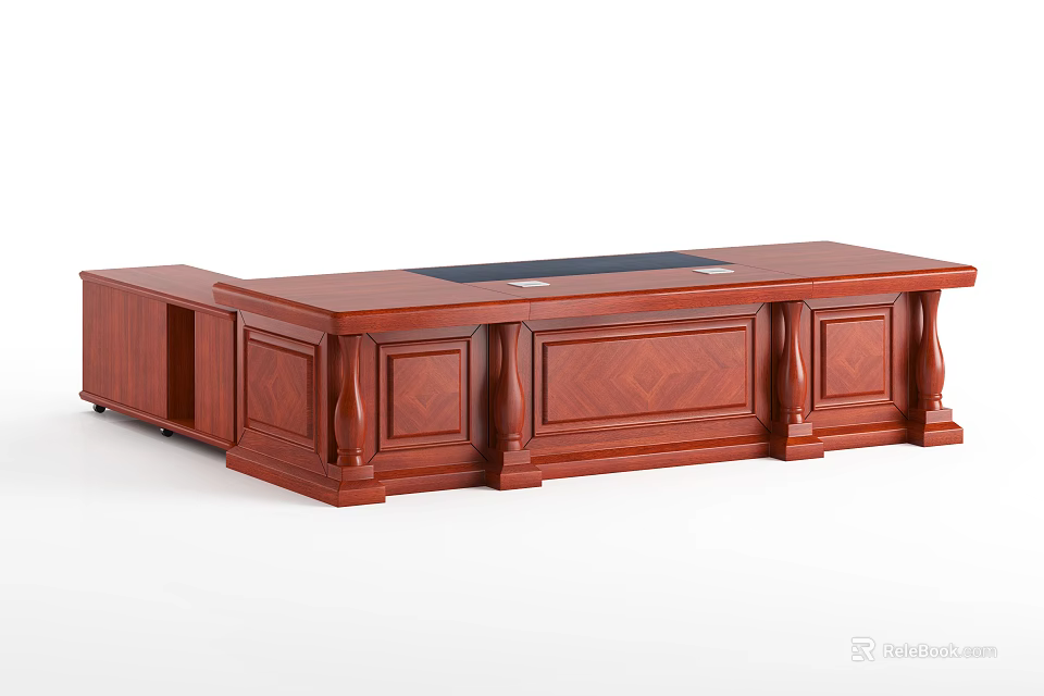Elegant Wooden Office Desk With Carved Details And Black Writing Pad 3d model 