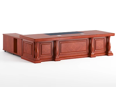 Elegant Wooden Office Desk With Carved Details And Black Writing Pad 3d model