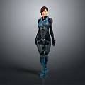 Futuristic Sci Fi Female Character in Blue Black Tech Armor Standing Against Gray Background