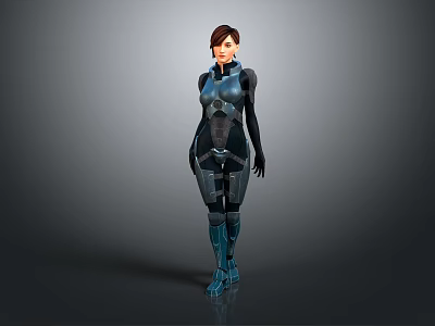 Futuristic Sci Fi Female Character in Blue Black Tech Armor Standing Against Gray Background 3d model