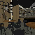 Café Interior Design With Wooden Walls Black Pendant Lights Round Tables And Bar Stools