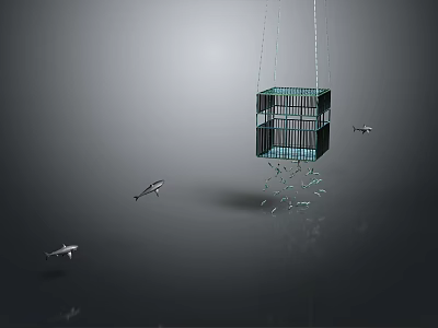 Modern Hanging Glass Cube with Small Flying Airplane Models in Abstract Scene 3d model