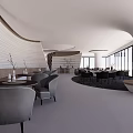 Modern Hotel Lobby With Curved Wall Gray Furniture Round Carpet And Large Windows