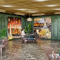 Thai Style Café Interior With Green Walls Hanging Lamps Wooden Chairs And Plants