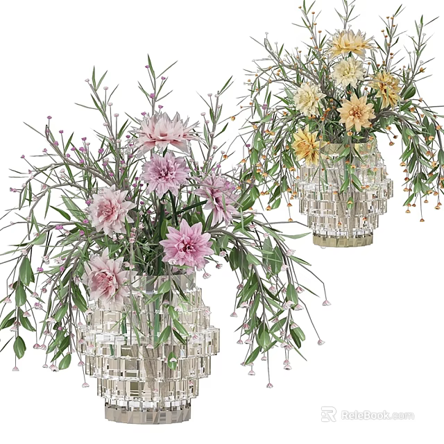 Crystal Geometric Cut Decorative Vases With Pink Purple Yellow Beige Flowers And Hanging Green Leaves 3d model 