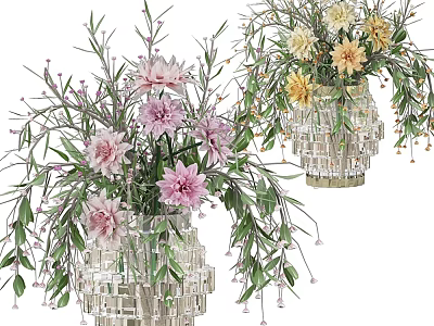 Crystal Geometric Cut Decorative Vases With Pink Purple Yellow Beige Flowers And Hanging Green Leaves 3d model