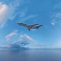 Green and White Passenger Airplane Flying High in Blue Sky with White Clouds