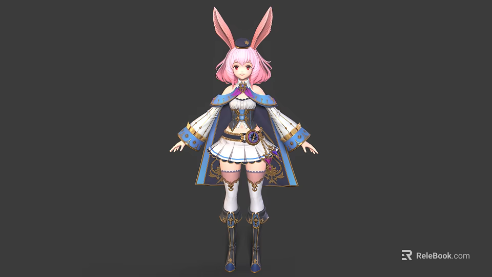 Anime Character With Rabbit Ears Pink Hair Blue Gold Trimmed Cape White Skirt Long Boots 3d model 