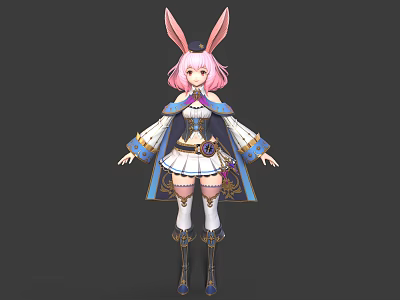 Anime Character With Rabbit Ears Pink Hair Blue Gold Trimmed Cape White Skirt Long Boots 3d model