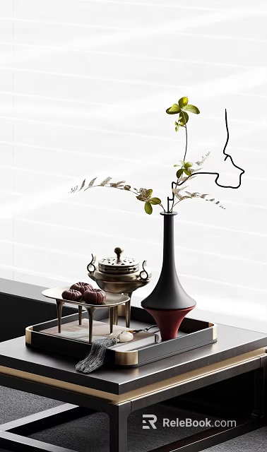 Elegant Decorative Ornament Combination With Black Vase Red Base Metal Tray And Green Plants 3d model 