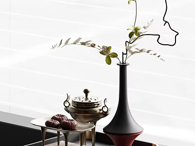 Elegant Decorative Ornament Combination With Black Vase Red Base Metal Tray And Green Plants 3d model