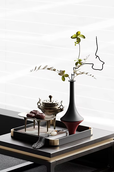 Elegant Decorative Ornament Combination With Black Vase Red Base Metal Tray And Green Plants 3d model