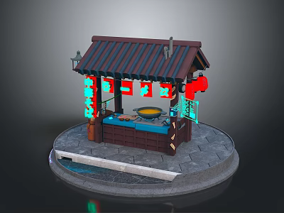 Traditional Style Food Cart With Black Roof Red Green Lanterns And Cooking Stove 3d model