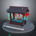 Traditional Style Food Cart With Black Roof Red Green Lanterns And Cooking Stove