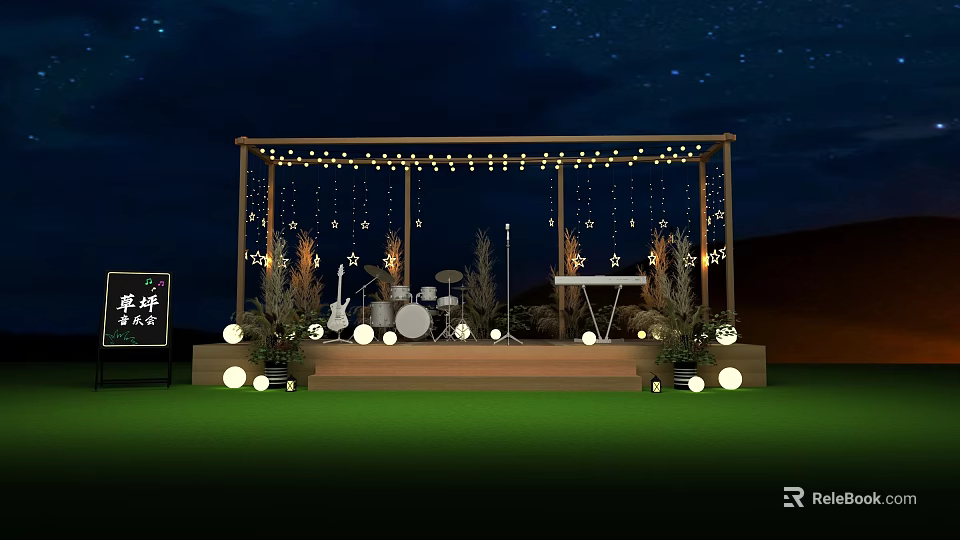 Outdoor Stage With Starry Night Sky String Lights Star Decorations Musical Instruments And Plant Decorations 3d model 