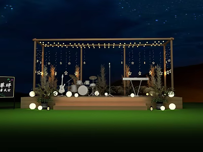 Outdoor Stage With Starry Night Sky String Lights Star Decorations Musical Instruments And Plant Decorations 3d model