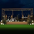 Outdoor Stage With Starry Night Sky String Lights Star Decorations Musical Instruments And Plant Decorations