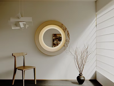 Lighted Round Mirror on White Wall with Wooden Chair Black Vase and Natural Light 3d model