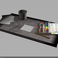 Wooden Tray Holding Art Supplies with Watercolor Paints Cup Papers Pencil and Palette