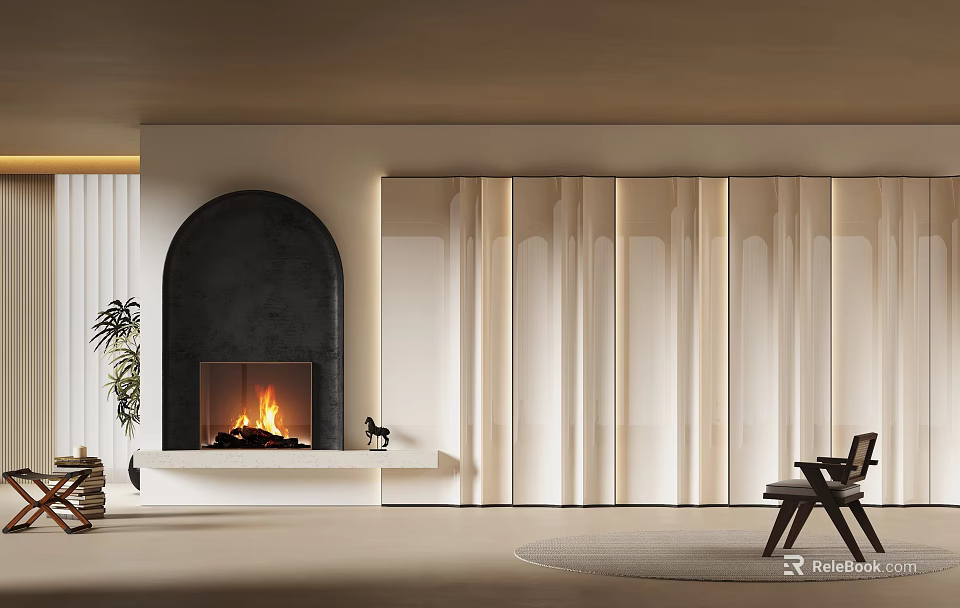 Modern Living Room With Arch Fireplace And Decor 3d model 