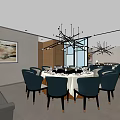 Modern Private Dining Room With Dining Table Chairs Chandeliers Sofa And Artwork 3d model