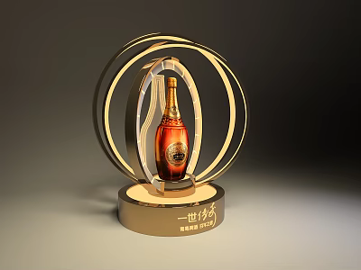 Luxury Wine Bottle Display Stand with Golden Circular Base and Transparent Ring Design 3d model