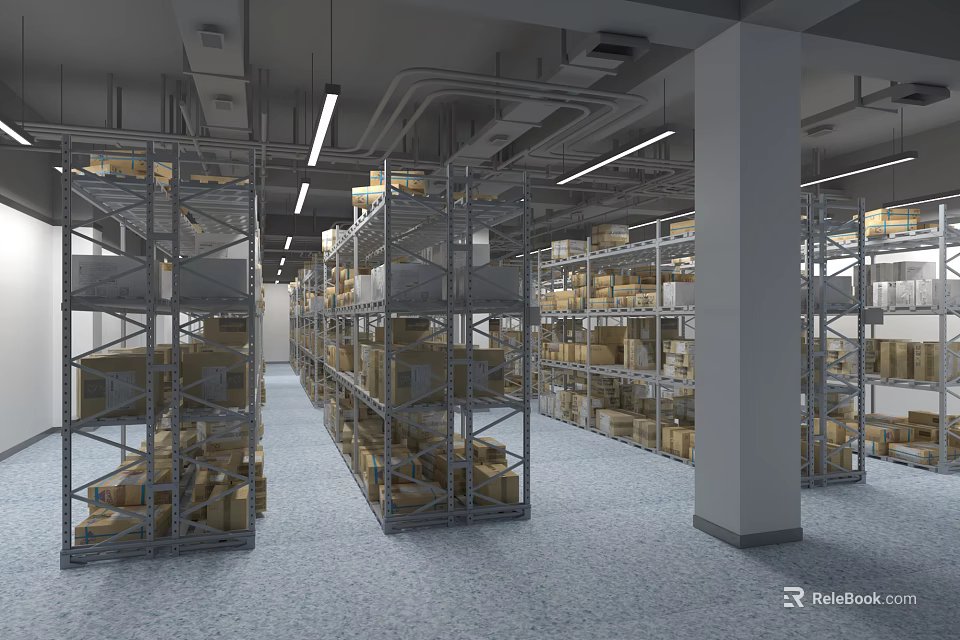 Large Warehouse Storage Interior With Metal Shelving Units And Cardboard Boxes 3d model 