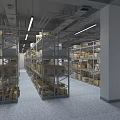 Large Warehouse Storage Interior With Metal Shelving Units And Cardboard Boxes