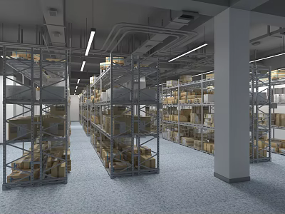 Large Warehouse Storage Interior With Metal Shelving Units And Cardboard Boxes 3d model