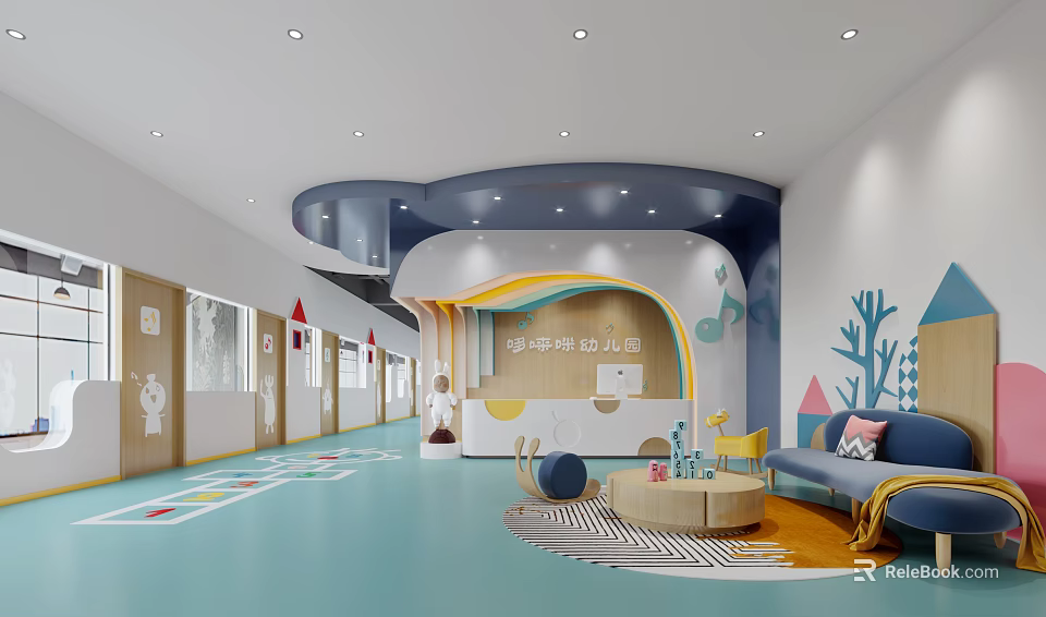 AnHua Kindergarten Interior With Colorful Floor Wall Decorations Trees Houses Sofa And Round Table 3d model 