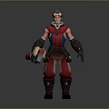 Game Movie Character Wearing Red Black Outfit With Goggles Arm Guards And Holding Device