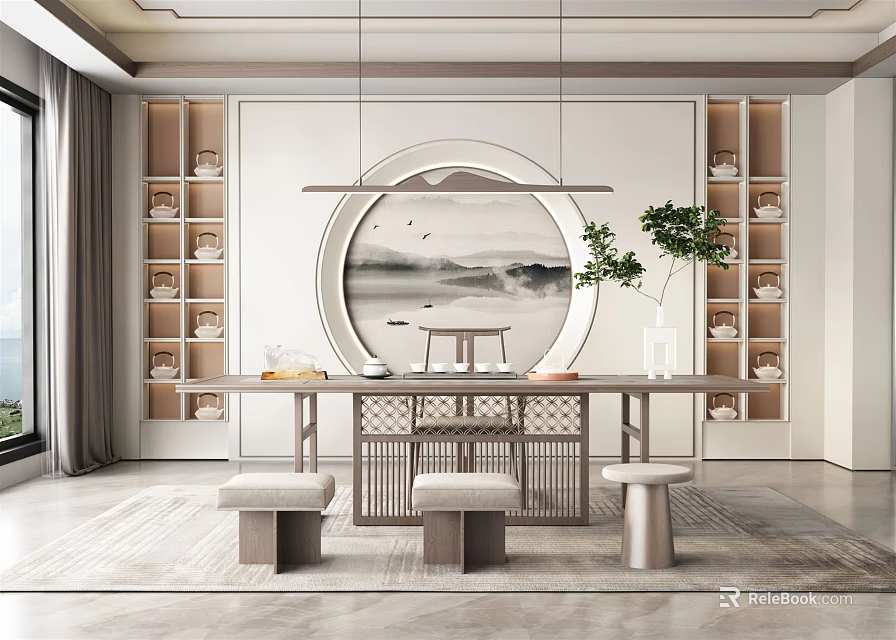 Traditional Chinese Tea Room Design With Circular Landscape Painting Wooden Table Stools Shelves And Plant 3d model 