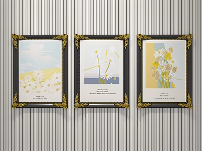 Three Framed Flower Artworks With Golden Borders On Vertical Striped Wall 3d model