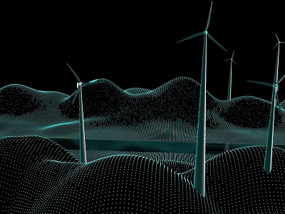 Architectural Wind Turbine Structures in Digital Mountainous Terrain With Dot Line Patterns 3d model