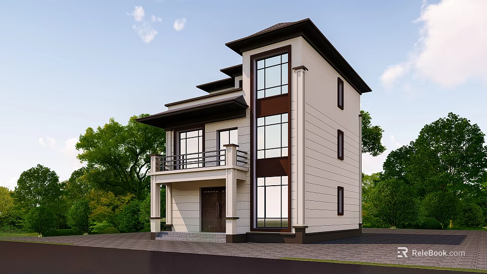 Modern Detached Villa Exterior Design With Large Glass Windows White Facade And Green Trees 3d model 