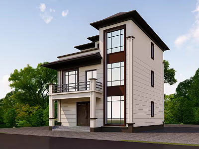 Modern Detached Villa Exterior Design With Large Glass Windows White Facade And Green Trees 3d model